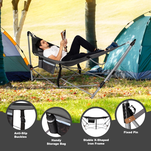Topbuy Portable Folding Hammock Free Standing Hammock W/ Stand-Folds Carrying Bag Anti-Slip Buckle Grey