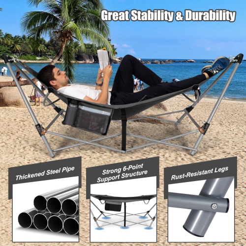 Topbuy Portable Folding Hammock Free Standing Hammock W/ Stand-Folds Carrying Bag Anti-Slip Buckle Grey