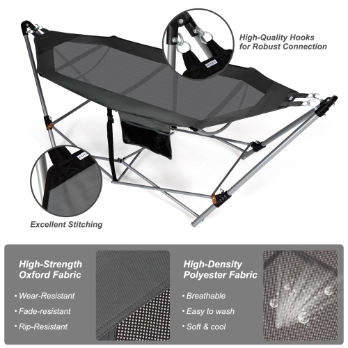 Topbuy Portable Folding Hammock Free Standing Hammock W/ Stand-Folds Carrying Bag Anti-Slip Buckle Grey