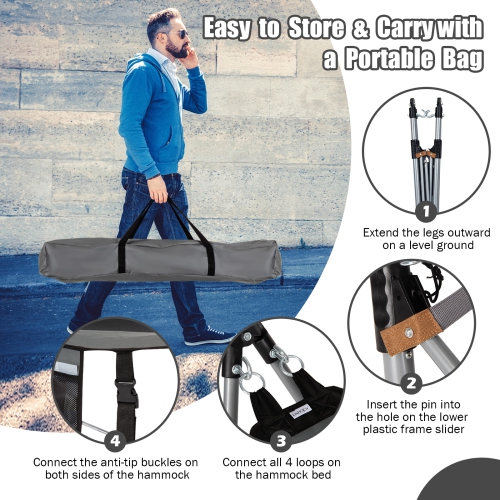 Topbuy Portable Folding Hammock Free Standing Hammock W/ Stand-Folds Carrying Bag Anti-Slip Buckle Grey