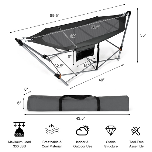 Topbuy Portable Folding Hammock Free Standing Hammock W/ Stand-Folds Carrying Bag Anti-Slip Buckle Grey
