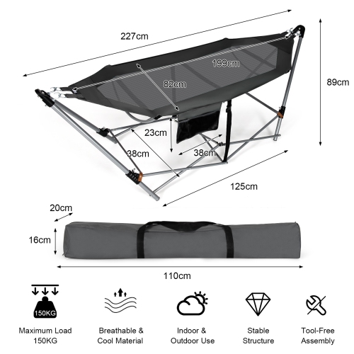 Topbuy Portable Folding Hammock Free Standing Hammock W/ Stand-Folds Carrying Bag Anti-Slip Buckle Grey