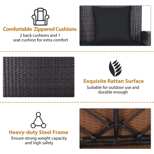 Topbuy Outdoor Wicker Porch Swing Bench 2-Person Patio Rattan Swing Chair W/ Soft Cushions White/Turquoise/Red/Black