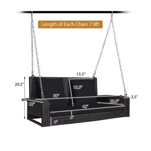 Topbuy Outdoor Wicker Porch Swing Bench 2-Person Patio Rattan Swing Chair W/ Soft Cushions White/Turquoise/Red/Black