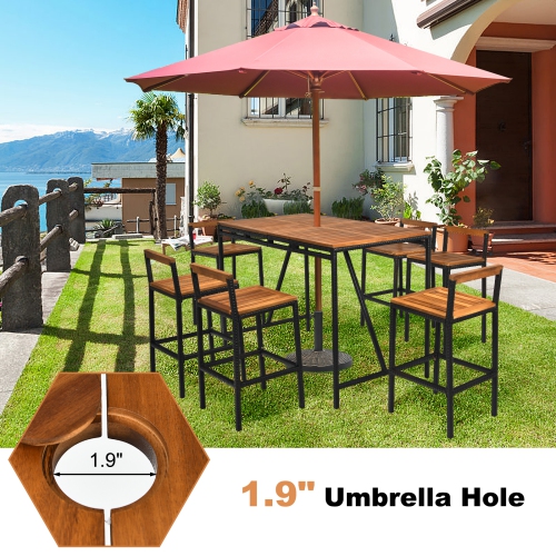 Patiojoy 7PCS Patio Rattan Bar Set with with Umbrella Hole Wood High-Dining Bistro Set with 6 Bar Stools for Poolside&Garden