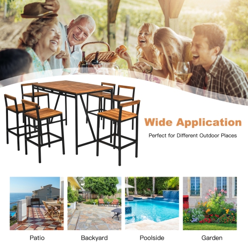 Patiojoy 7PCS Patio Rattan Bar Set with with Umbrella Hole Wood High-Dining Bistro Set with 6 Bar Stools for Poolside&Garden