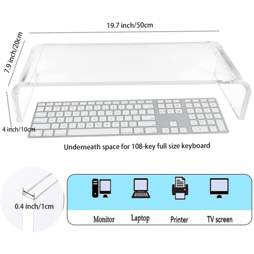 Acrylic Monitor Stand Riser for iMac, PC, Desktop, Laptop, TV Screen, Printer. Sturdy Platform, Transparent Computer Monitor Riser for Home and Office