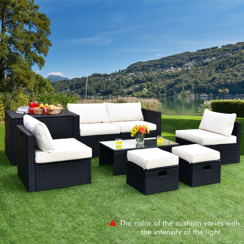 GYMAX  8PCs Rattan Patio Sectional Furniture Set W/ Waterproof Cover & Off Cushions In White