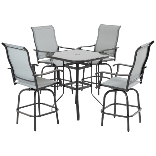 Outsunny 5 Pieces Patio Furniture Set, Outdoor Garden Conversation Set with Tempered Glass Table, 4 Swivel Chairs and Umbrella Hole, Grey