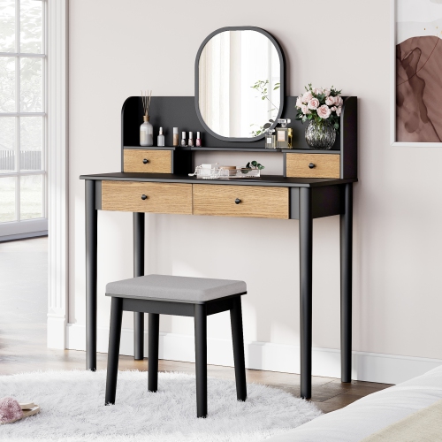 Wooden Makeup Dressing Table with Mirror, Vanity Table Set 4 Drawers and Upholstered Stool Black