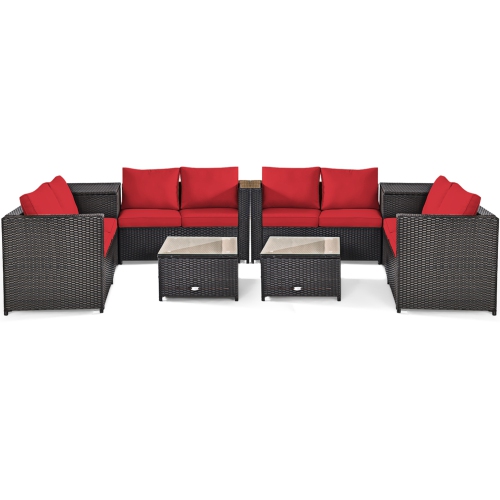 Gymax 8PCS Cushioned Rattan Patio Conversation Set w/ Side Table Red Cushion