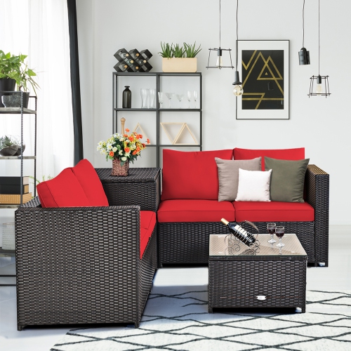 Gymax 8PCS Cushioned Rattan Patio Conversation Set w/ Side Table Red Cushion