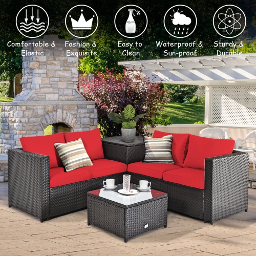 Gymax 8PCS Cushioned Rattan Patio Conversation Set w/ Side Table Red Cushion