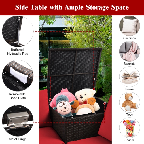 Gymax 8PCS Cushioned Rattan Patio Conversation Set w/ Side Table Red Cushion