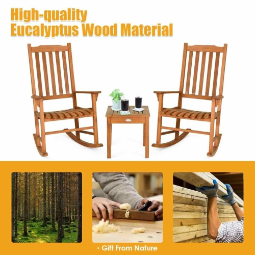 Gymax 3 PCS Eucalyptus Rocking Chair Set W/ Coffee Table 2 Wood Conversation Chairs