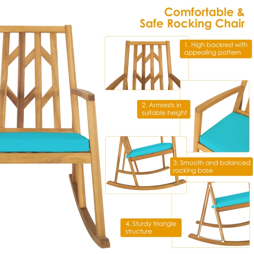 Gymax Outdoor Acacia Wood Rocking Chair Wooden Patio Rocker w/ Turquoise Cushion