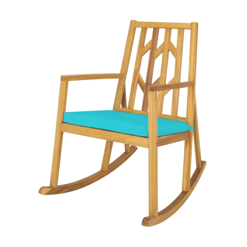 Gymax Outdoor Acacia Wood Rocking Chair Wooden Patio Rocker w/ Turquoise Cushion