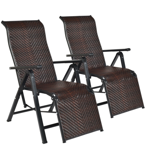 Gymax 2PCS Patio Rattan Folding Lounge Chair Recliner Back Adjustable Beach Yard Pool