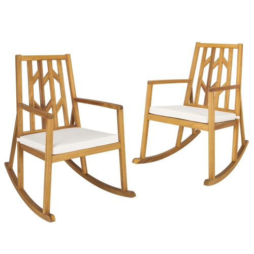 GYMAX  Set Of 2 Outdoor Acacia Wood Rocking Chair Wooden Patio Rocker W/ Cushion In Beige