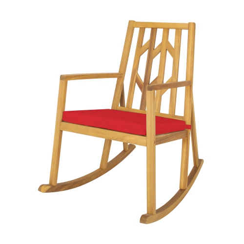 Gymax Outdoor Acacia Wood Rocking Chair Wooden Patio Rocker w/ Red Cushion