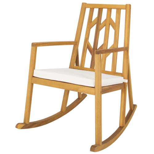 Gymax Outdoor Acacia Wood Rocking Chair Wooden Patio Rocker w/ Beige Cushion