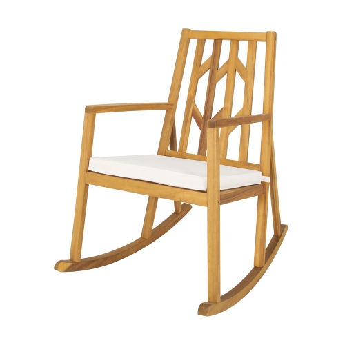 Gymax Outdoor Acacia Wood Rocking Chair Wooden Patio Rocker w/ Beige Cushion