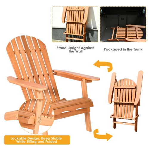 Gymax 2 PCS Eucalyptus Adirondack Chair Foldable Outdoor Wood Lounger Chair Natural