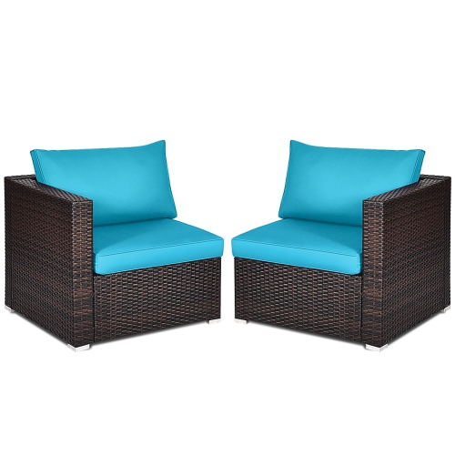 Gymax 4PCS Rattan Corner Sofa Set Patio Outdoor Furniture Set w/ Blue Cushions