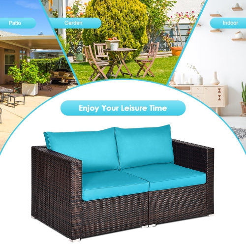 Gymax 4PCS Rattan Corner Sofa Set Patio Outdoor Furniture Set w/ Blue Cushions