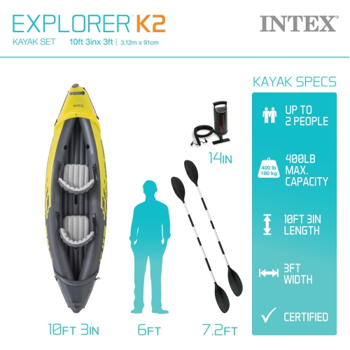 Explorer K2 Kayak gonflable pour 2 personnes avec rames en aluminium et pompe à air à haut rendement