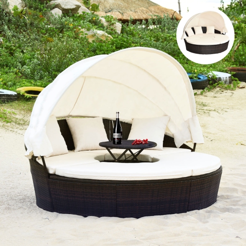 Gymax Cushioned Patio Rattan Round Daybed w/ Adjustable Table 3 Pillows Canopy