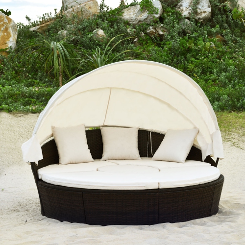 Gymax Cushioned Patio Rattan Round Daybed w/ Adjustable Table 3 Pillows Canopy