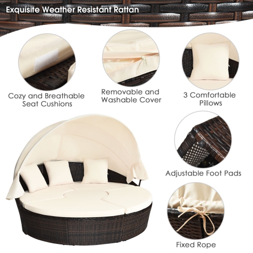 Gymax Cushioned Patio Rattan Round Daybed w/ Adjustable Table 3 Pillows Canopy