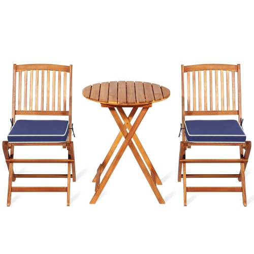Gymax 3PCS Folding Patio Conversation Set Acacia Wood Bistro Set w/ Cushions