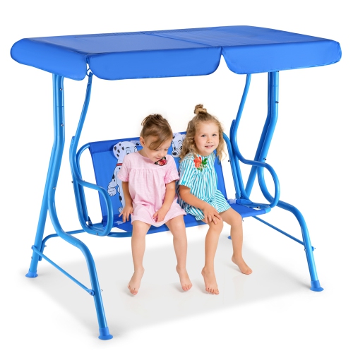 GYMAX  Kids Patio Porch Bench Swing W/ Safety Belt Canopy Outdoor Furniture In Blue