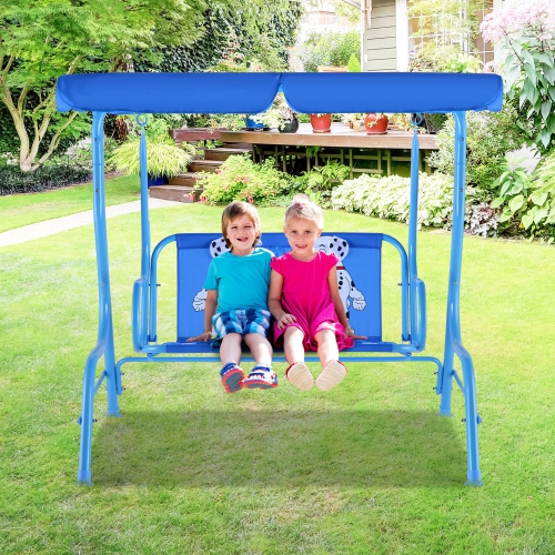 Gymax Kids Patio Porch Bench Swing w/ Safety Belt Canopy Outdoor Furniture Blue