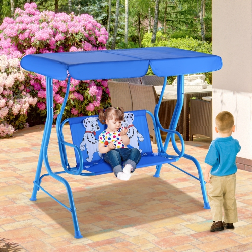 Gymax Kids Patio Porch Bench Swing w/ Safety Belt Canopy Outdoor Furniture Blue