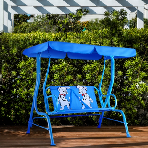 Gymax Kids Patio Porch Bench Swing w/ Safety Belt Canopy Outdoor Furniture Blue