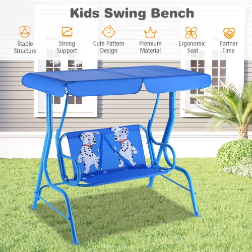 Gymax Kids Patio Porch Bench Swing w/ Safety Belt Canopy Outdoor Furniture Blue