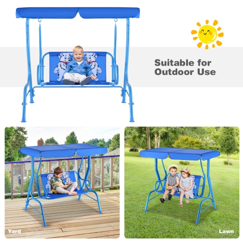 Gymax Kids Patio Porch Bench Swing w/ Safety Belt Canopy Outdoor Furniture Blue