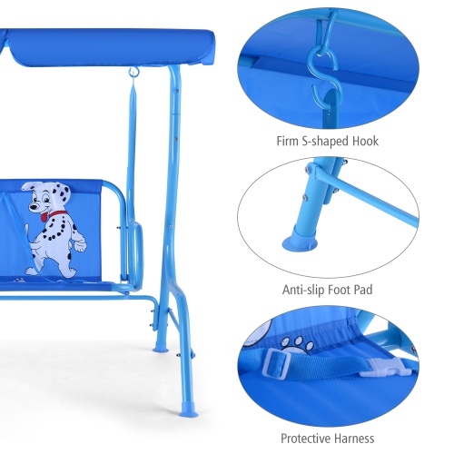 Gymax Kids Patio Porch Bench Swing w/ Safety Belt Canopy Outdoor Furniture Blue
