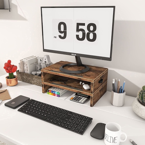 Removable 2 Tier Wood Computer Riser Stand Desk Tabletop Screen Stand for Computer, Pc, Printer Brown