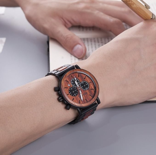 Men’s Wooden & Stainless Steel Chronograph Watch – Luminous Hands, Date Display, Gift Box Included – Classic Analog Timepiece for Casual or Formal