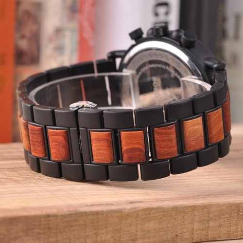 Men’s Wooden & Stainless Steel Chronograph Watch – Luminous Hands, Date Display, Gift Box Included – Classic Analog Timepiece for Casual or Formal
