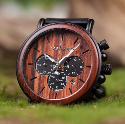 Men’s Wooden & Stainless Steel Chronograph Watch – Luminous Hands, Date Display, Gift Box Included – Classic Analog Timepiece for Casual or Formal