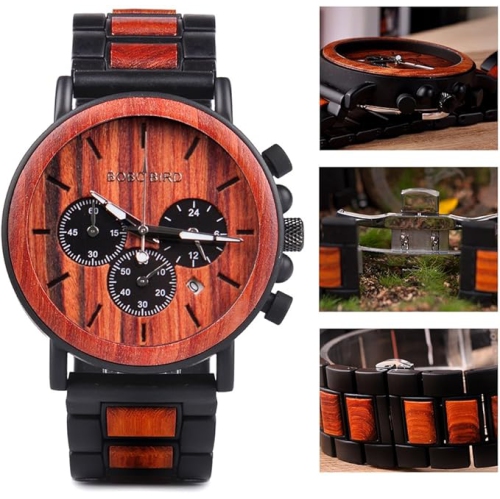Men’s Wooden & Stainless Steel Chronograph Watch – Luminous Hands, Date Display, Gift Box Included – Classic Analog Timepiece for Casual or Formal