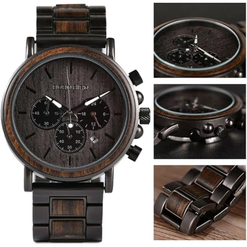 Men’s Wooden & Stainless Steel Chronograph Watch – Luminous Hands, Date Display, Gift Box Included – Classic Analog Timepiece for Casual or Formal