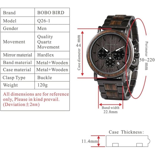 Men’s Wooden & Stainless Steel Chronograph Watch – Luminous Hands, Date Display, Gift Box Included – Classic Analog Timepiece for Casual or Formal