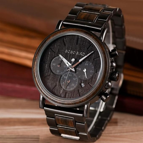 Men’s Wooden & Stainless Steel Chronograph Watch – Luminous Hands, Date Display, Gift Box Included – Classic Analog Timepiece for Casual or Formal
