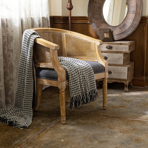 HOMY CASA Mid-Century Rattan Armchair Accent Chair Barrel Chair, Living Room Chairs with Distressed Solid Wood Frame, Bedroom Lounge Chair